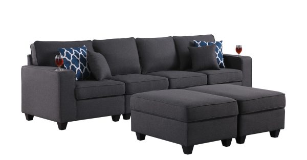 Cooper 119.5"W Dark Gray Linen 4-Seater Sofa with 2 Ottomans and Cupholder - Image 3