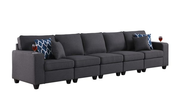 Cooper 145.5"W Dark Gray Linen 5-Seater Sofa with Cupholder - Image 2