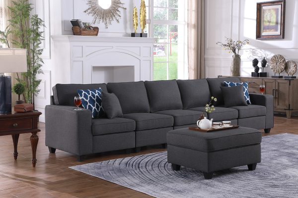 Cooper 145.5"W Dark Gray Linen 5-Seater Sofa with Ottoman and Cupholder