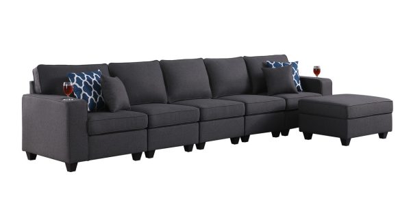 Cooper 145.5"W Dark Gray Linen 5-Seater Sofa with Ottoman and Cupholder - Image 3