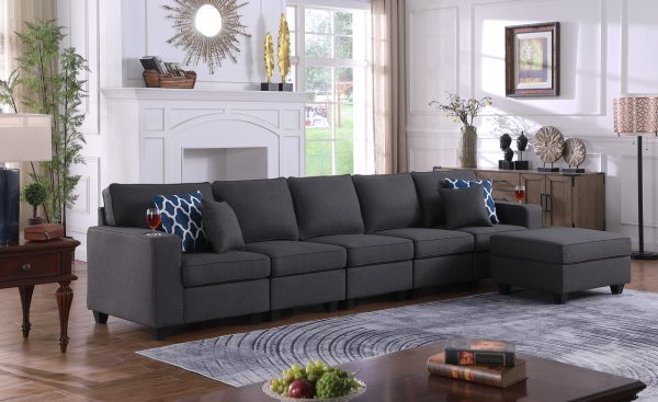 Cooper 145.5"W Dark Gray Linen 5-Seater Sofa with Ottoman and Cupholder