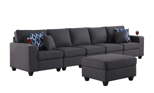 Cooper 145.5"W Dark Gray Linen 5-Seater Sofa with Ottoman and Cupholder - Image 2
