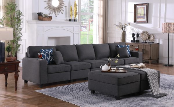 Cooper 145.5"W Dark Gray Linen 5-Seater Sofa with 2 Ottomans and Cupholder