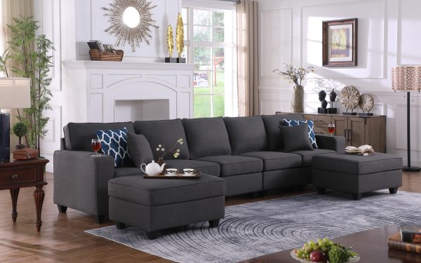 Cooper 145.5"W Dark Gray Linen 5-Seater Sofa with 2 Ottomans and Cupholder