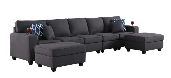 Cooper 145.5"W Dark Gray Linen 5-Seater Sofa with 2 Ottomans and Cupholder - Image 3