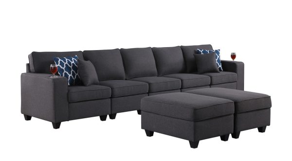 Cooper 145.5"W Dark Gray Linen 5-Seater Sofa with 2 Ottomans and Cupholder - Image 2