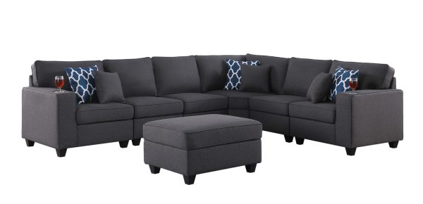 Cooper 125"W Dark Gray Linen 7Pc Reversible L-Shape Sectional Sofa with Ottoman and Cupholder - Image 5