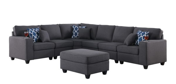 Cooper 125"W Dark Gray Linen 7Pc Reversible L-Shape Sectional Sofa with Ottoman and Cupholder - Image 4
