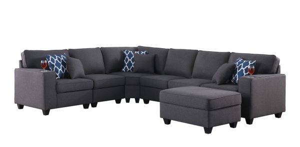 Cooper 125"W Dark Gray Linen 7Pc Reversible L-Shape Sectional Sofa with Ottoman and Cupholder - Image 3
