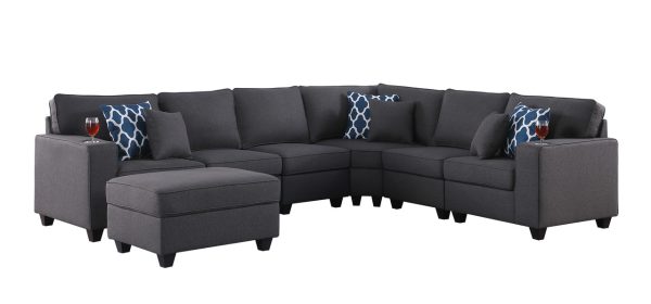 Cooper 125"W Dark Gray Linen 7Pc Reversible L-Shape Sectional Sofa with Ottoman and Cupholder - Image 2