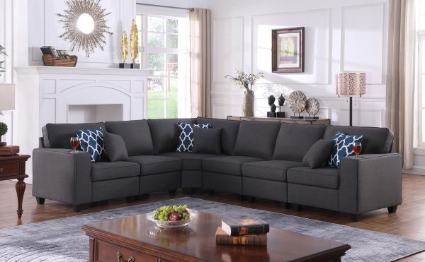 Cooper 125"W Dark Gray Linen 6Pc Reversible L-Shape Sectional Sofa with Cupholder