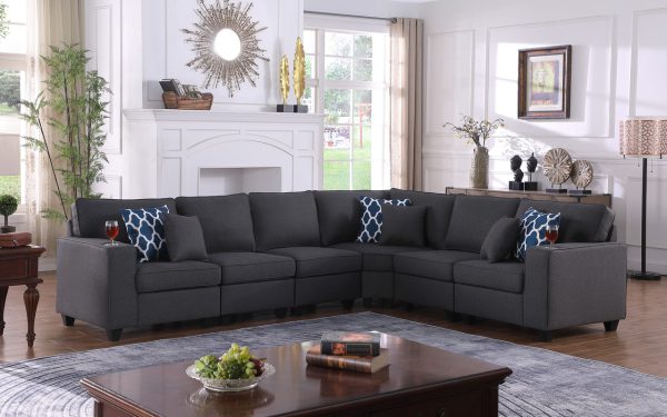 Cooper 125"W Dark Gray Linen 6Pc Reversible L-Shape Sectional Sofa with Cupholder