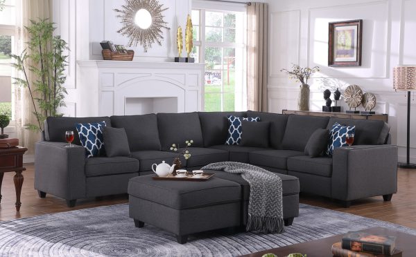 Cooper 125"W Dark Gray Linen 8Pc Reversible L-Shape Sectional Sofa with Ottomans and Cupholder