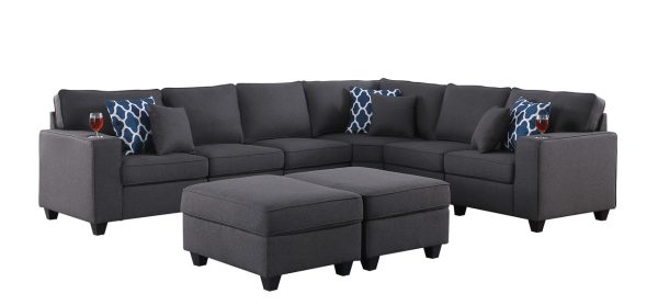 Cooper 125"W Dark Gray Linen 8Pc Reversible L-Shape Sectional Sofa with Ottomans and Cupholder - Image 3