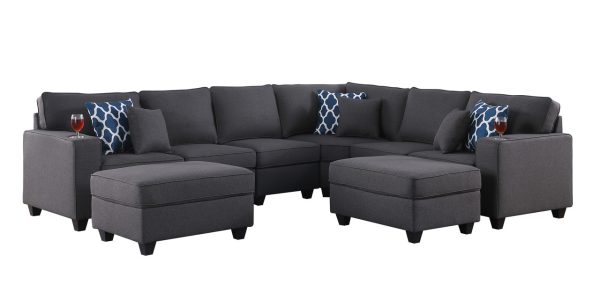 Cooper 125"W Dark Gray Linen 8Pc Reversible L-Shape Sectional Sofa with Ottomans and Cupholder - Image 2