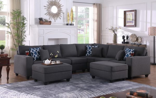 Cooper 125"W Dark Gray Linen 8Pc Reversible L-Shape Sectional Sofa with Ottomans and Cupholder