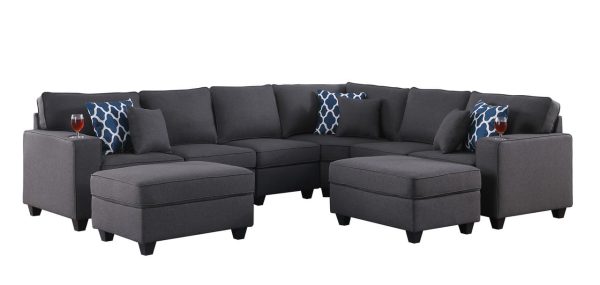 Cooper 125"W Dark Gray Linen 8Pc Reversible L-Shape Sectional Sofa with Ottomans and Cupholder - Image 4