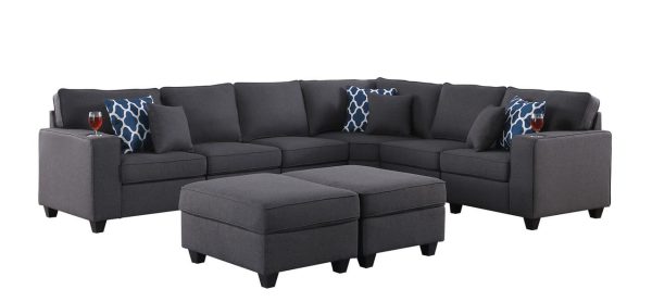 Cooper 125"W Dark Gray Linen 8Pc Reversible L-Shape Sectional Sofa with Ottomans and Cupholder - Image 5