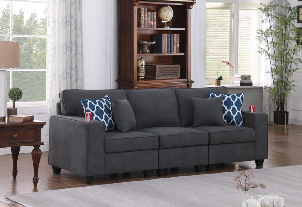 Cooper 93.5"W Stone Gray Woven Fabric Sofa with Cupholder