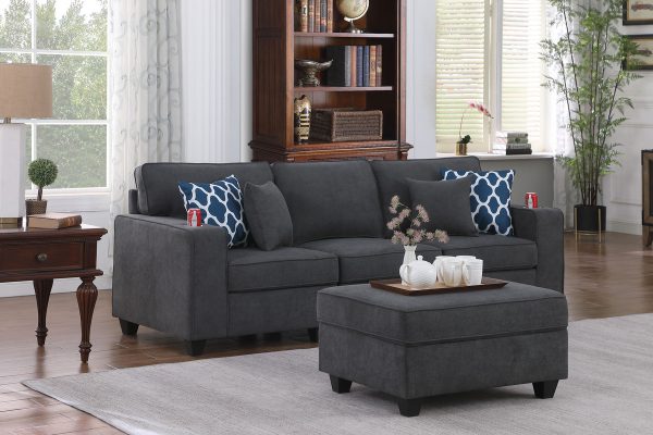 Cooper 93.5"W Stone Gray Woven Fabric Sofa with Ottoman and Cupholder