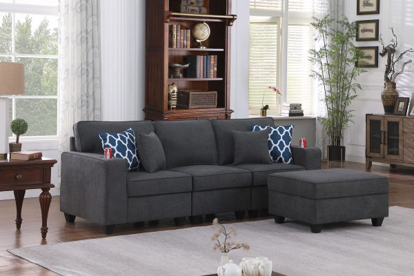 Cooper 93.5"W Stone Gray Woven Fabric Sofa with Ottoman and Cupholder
