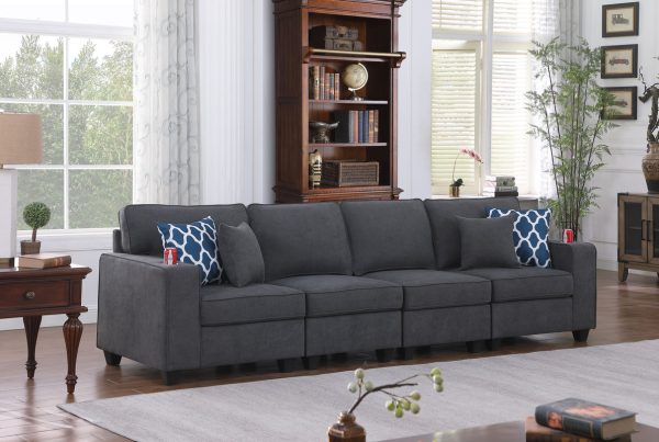 Cooper 119.5"W Stone Gray Woven Fabric 4-Seater Sofa with Cupholder
