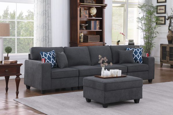 Cooper 119.5"W Stone Gray Woven Fabric 4-Seater Sofa with Ottoman and Cupholder