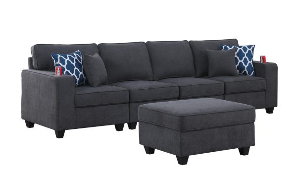 Cooper 119.5"W Stone Gray Woven Fabric 4-Seater Sofa with Ottoman and Cupholder - Image 3