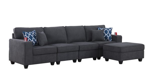 Cooper 119.5"W Stone Gray Woven Fabric 4-Seater Sofa with Ottoman and Cupholder - Image 2