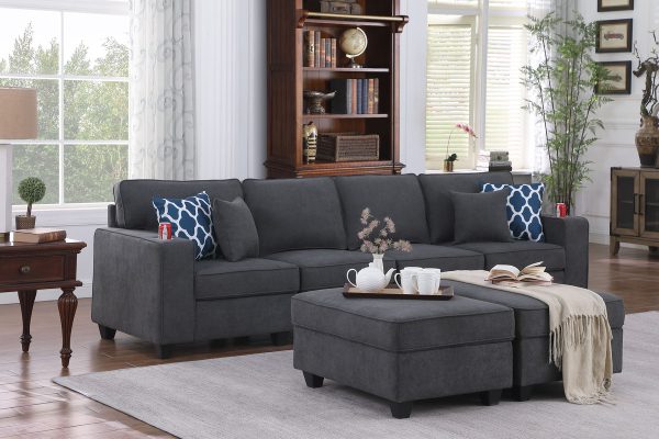 Cooper 119.5"W Stone Gray Woven Fabric 4-Seater Sofa with 2 Ottomans and Cupholder