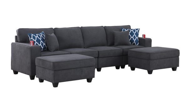 Cooper 119.5"W Stone Gray Woven Fabric 4-Seater Sofa with 2 Ottomans and Cupholder - Image 3