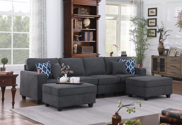 Cooper 119.5"W Stone Gray Woven Fabric 4-Seater Sofa with 2 Ottomans and Cupholder