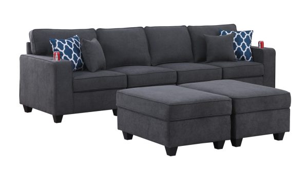 Cooper 119.5"W Stone Gray Woven Fabric 4-Seater Sofa with 2 Ottomans and Cupholder - Image 3