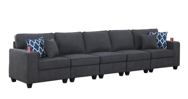 Cooper 145.5"W Stone Gray Woven Fabric 5-Seater Sofa with Cupholder - Image 3