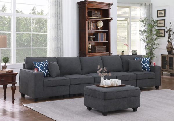 Cooper 145.5"W Stone Gray Woven Fabric 5-Seater Sofa with Ottoman and Cupholder
