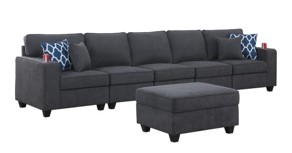 Cooper 145.5"W Stone Gray Woven Fabric 5-Seater Sofa with Ottoman and Cupholder - Image 3