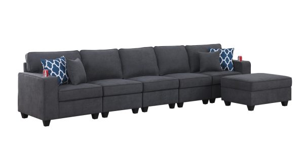 Cooper 145.5"W Stone Gray Woven Fabric 5-Seater Sofa with Ottoman and Cupholder - Image 2