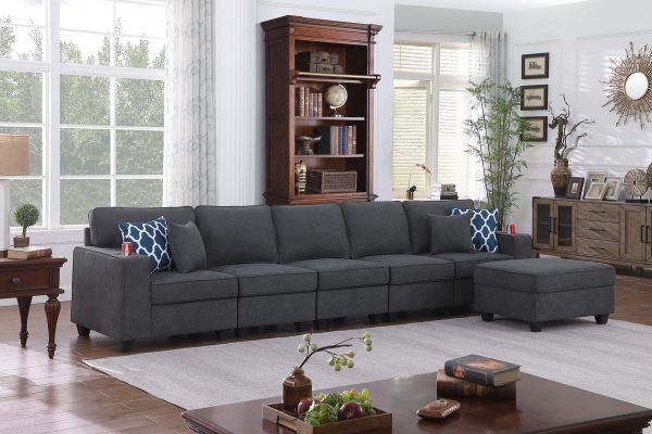 Cooper 145.5"W Stone Gray Woven Fabric 5-Seater Sofa with Ottoman and Cupholder
