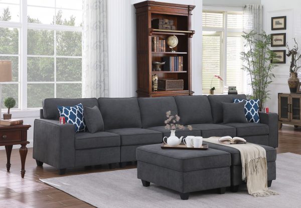 Cooper 145.5"W Stone Gray Woven Fabric 5-Seater Sofa with 2 Ottomans and Cupholder