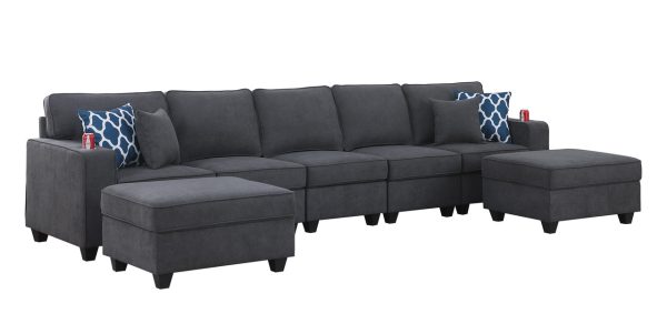 Cooper 145.5"W Stone Gray Woven Fabric 5-Seater Sofa with 2 Ottomans and Cupholder - Image 4