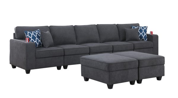 Cooper 145.5"W Stone Gray Woven Fabric 5-Seater Sofa with 2 Ottomans and Cupholder - Image 3