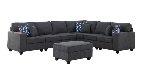 Cooper 125"W Stone Gray Woven Fabric 7Pc Reversible L-Shape Sectional Sofa with Ottoman and Cupholder - Image 5