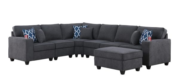 Cooper 125"W Stone Gray Woven Fabric 7Pc Reversible L-Shape Sectional Sofa with Ottoman and Cupholder - Image 4