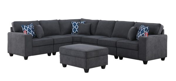 Cooper 125"W Stone Gray Woven Fabric 7Pc Reversible L-Shape Sectional Sofa with Ottoman and Cupholder - Image 3