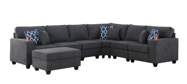 Cooper 125"W Stone Gray Woven Fabric 7Pc Reversible L-Shape Sectional Sofa with Ottoman and Cupholder - Image 2