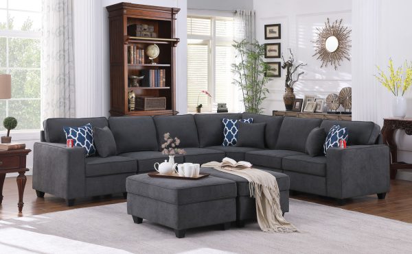 Cooper 125"W Stone Gray Woven Fabric 8Pc Reversible L-Shape Sectional Sofa with Ottomans and Cupholder
