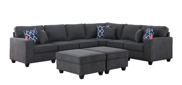 Cooper 125"W Stone Gray Woven Fabric 8Pc Reversible L-Shape Sectional Sofa with Ottomans and Cupholder - Image 6