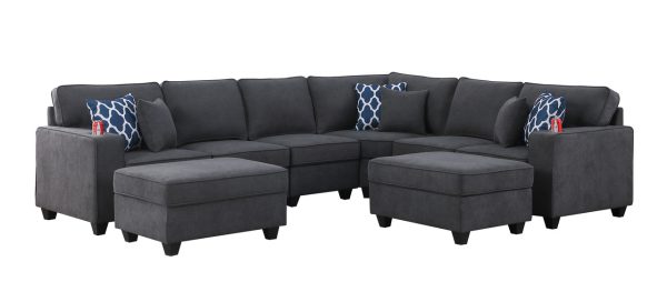 Cooper 125"W Stone Gray Woven Fabric 8Pc Reversible L-Shape Sectional Sofa with Ottomans and Cupholder - Image 5