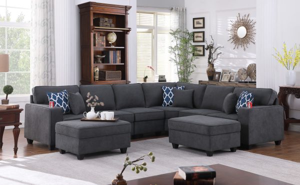 Cooper 125"W Stone Gray Woven Fabric 8Pc Reversible L-Shape Sectional Sofa with Ottomans and Cupholder
