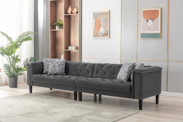Mary 120"W Dark Gray Velvet Tufted Sofa With Accent 4 Pillows
